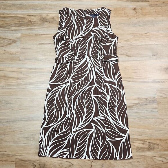 🔹️George by Mark Eisen Brown & Cream Leaf Print Fitted Dress w/Pockets Size 4 - Picture 1 of 12
